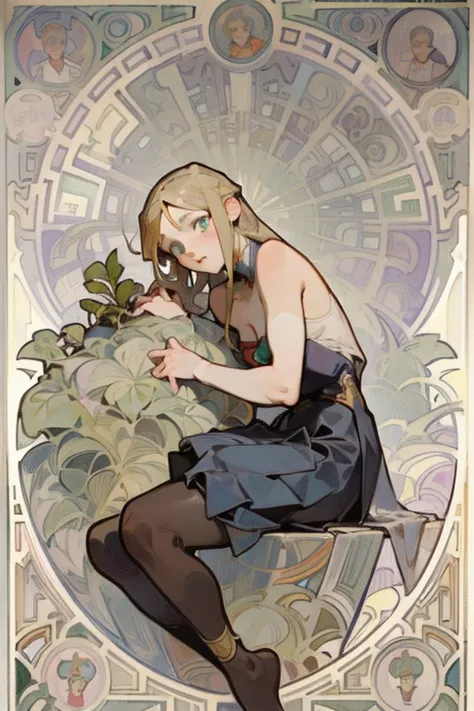 Art Nouveau, Posters in the theater, (((Alphonse Mucha&#39;piece of art))),  contour , bare shoulders,  chinese knot, medium breast, wear black tights，pleated skirt，night，dark night，star