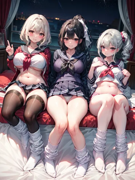 masterpiece, highest quality, Official Art, Very detailed, Perfect hands, 完璧なeye,(((Three Girls))), Open front uniform,、Underbust、White panties、Lace panties、Pleated mini skirt、belly button、Thin legs、trance expression、Trance Expression、Red cheeks、loose sock...