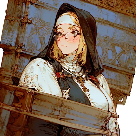 (masterpiece:1.2, Best quality, absurdity, realistic, detailed face, focus on chest), 1 girl, a nun, church, alternative hairstyle, blushed, detailed background, sagging breasts, Middle-aged woman, damage, I look at the viewer, glasses, front, necklace, pl...