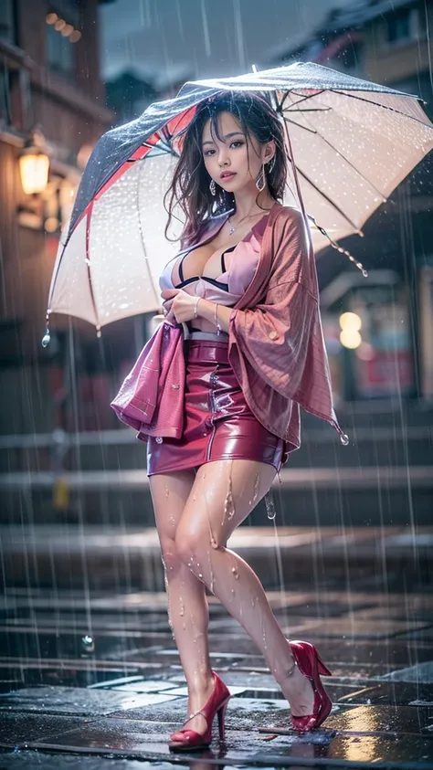 (Realistic:1.5, 16k, highest quality, masterpiece, Ultra-high resolution), ((Typhoon heavy rain, From below)), Perfect dynamic composition:1.2, (Modern city at night, Expressions of sadness:0.9, Sit on the stairs:1.0), Highly detailed skin and facial textu...