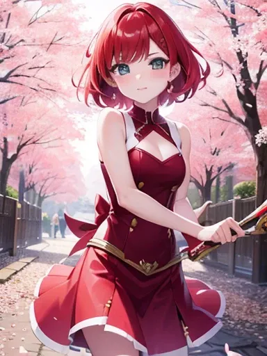 girl，Redhead，short hair，Second dimension beautiful girl，I have a bowgun，Cherry blossom petals are falling