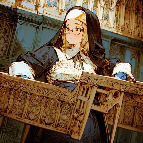 (masterpiece:1.2, Best quality, absurdity, realistic, detailed face), 1 girl, a nun, church, alternative hairstyle, detailed background, glasses, front, plump, Torn dress, gloves, chubby