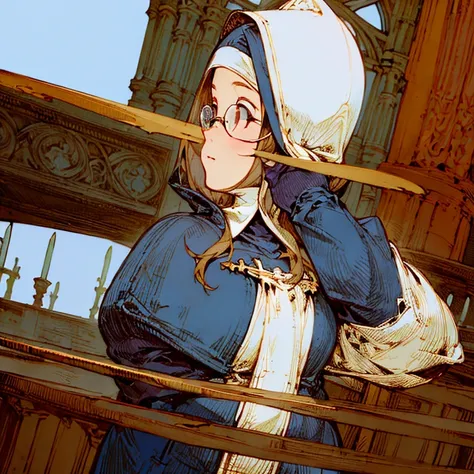 (masterpiece:1.2, Best quality, absurdity, realistic, detailed face), 1 girl, a nun, church, alternative hairstyle, detailed background, glasses, front, plump, Torn dress, gloves, chubby