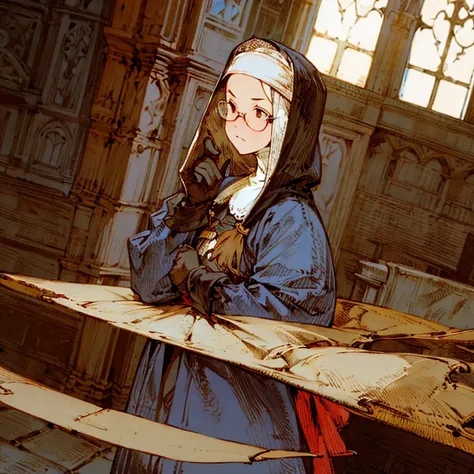 (best quality:1.2,absurd,realistic,detailed face),1 girl,nun,church,alternative hairstyle,detailed background,glasses,front view,pouty,tattered dress,gloves,round-faced