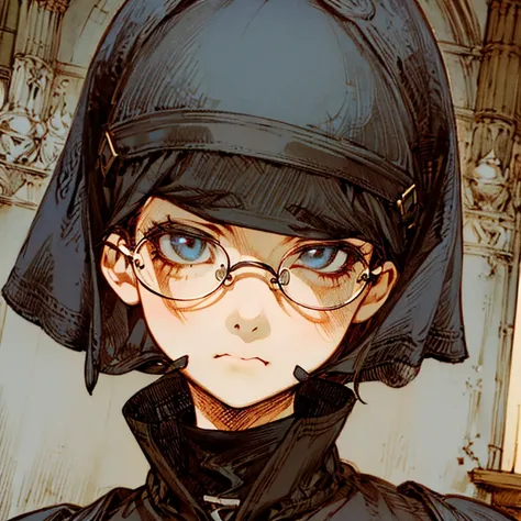 (best quality:1.2,absurd,realistic,detailed face),1 girl,nun,church,alternative hairstyle,detailed background,glasses,front view,pouty,tattered dress,gloves,round-faced