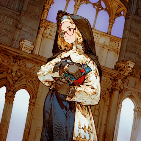 (best quality:1.2,absurd,realistic,detailed face),1 girl,nun,church,alternative hairstyle,detailed background,glasses,front view,pouty,tattered dress,gloves,round-faced