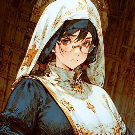 (best quality:1.2,absurd,realistic,detailed face),1 girl,nun,church,alternative hairstyle,detailed background,glasses,front view,pouty,tattered dress,gloves,round-faced