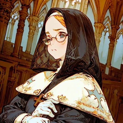 (best quality:1.2,absurd,realistic,detailed face),1 girl,nun,church,alternative hairstyle,detailed background,glasses,front view,pouty,tattered dress,gloves,round-faced