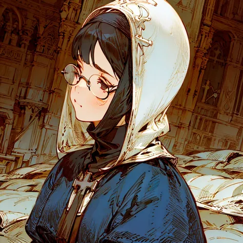 (best quality:1.2,absurd,realistic,detailed face), 1 girl, nun, church, alternative hairstyle, detailed background, glasses, front view, pouty, tattered dress, gloves, round-faced