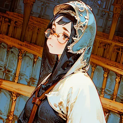 (best quality:1.2,absurd,realistic,detailed face), 1 girl, nun, church, alternative hairstyle, detailed background, glasses, front view, pouty, tattered dress, gloves, round-faced