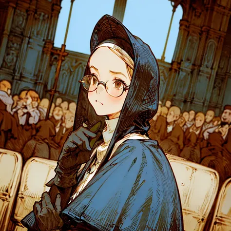 (best quality:1.2,absurd,realistic,detailed face), 1 girl, nun, church, alternative hairstyle, detailed background, glasses, front view, pouty, tattered dress, gloves, round-faced