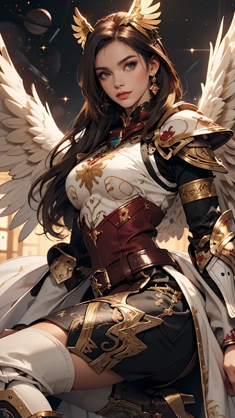 Best quality, 8K,woman, beautiful and detailed face, straight long hair,big eyelashes,(((dark red and gold embroided space armour))),((big open angel´s WHITE wings)),armlets,black belt,high heels over the knee boots,white neutral scenario,DYNAMIC ANGLE, ((...