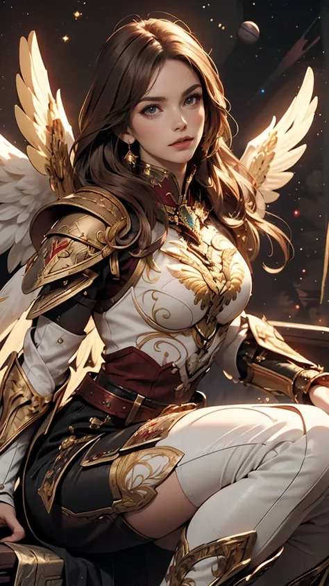 Best quality, 8K,woman, beautiful and detailed face, straight long hair,big eyelashes,(((dark red and gold embroided space armour))),((big open angel´s WHITE wings)),armlets,black belt,high heels over the knee boots,white neutral scenario,DYNAMIC ANGLE, ((...