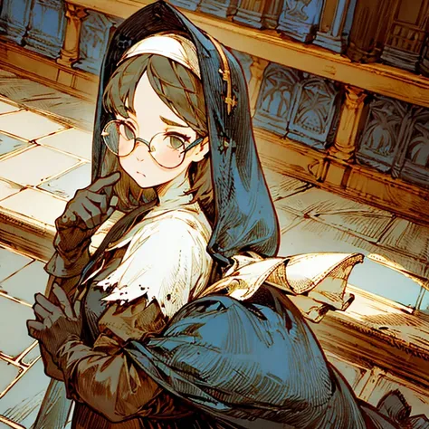 (best quality:1.2,absurd,realistic,detailed face),1 girl,nun,church,alternative hairstyle,detailed background,glasses,in the front,pouty,torn dress,gloves,round-faced