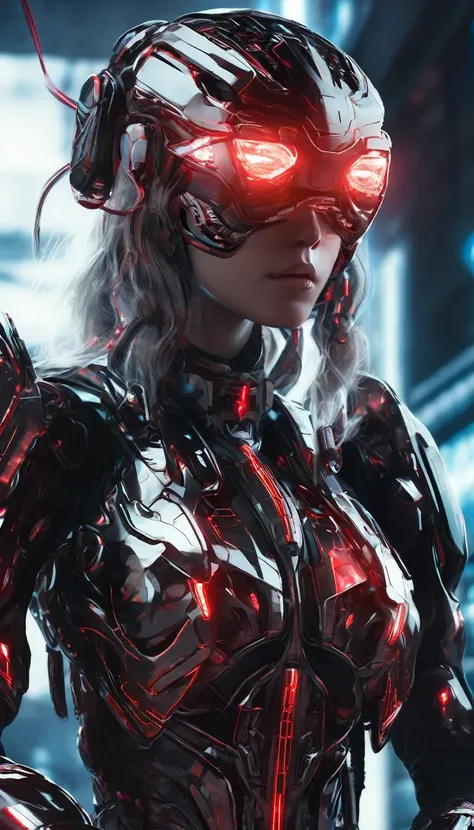 A cybernetic female with glowing red eyes and metal armor features in this image.