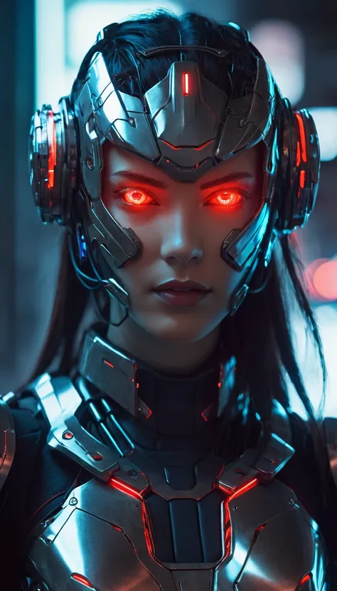 A cybernetic female with glowing red eyes and metal armor features in this image.