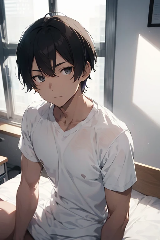 1 boy, Handsome man, Handsome face, Artist:White-spotted Runner, Pushed down, Half closed eyes, Sitting in a hospital bed, Wearing a black hospital gown, Ward background, window, evening, highest quality, Great quality, so beautiful, Absurd, Ray Tracing, D...