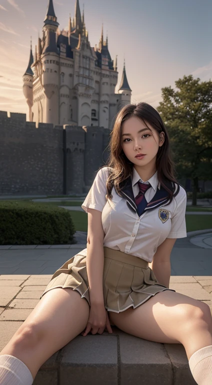 (highest quality:1.4), (super high quality), (Very detailed), 1 beautiful girl, very cute, Great face and eyes, (school uniform, Pleated mini skirt:1.5), (Beautiful breasts:1.1), (Slender body:1.1), Real skin texture, bright shining lips, Beautiful Goddess...