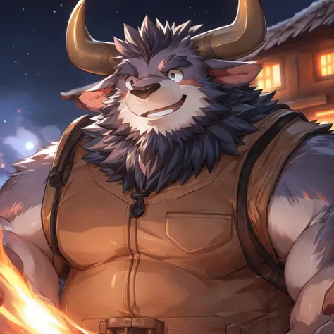 human nature, cannon, male, solitary, ((Round Face, Very plump face, thick beard)), ((endomorph body type, Handsome)), (Xiuhe suit), ((domestic ox, ox) Fluffy fur, Fluffy), (In a wooden house), ，high quality，Bokeh, (high quality, high resolution, masterpie...