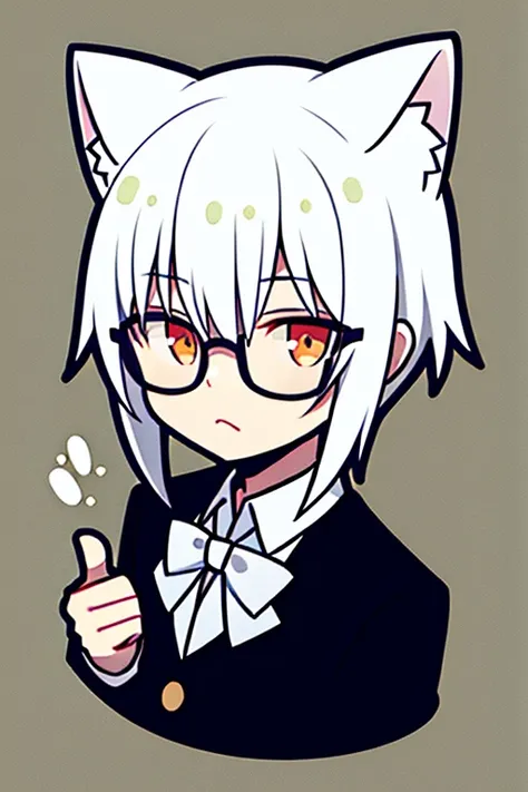 Boy with white hair, cat ears and glasses