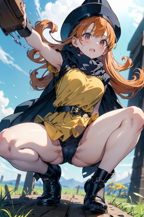 1 girl、High resolution、masterpiece、(Arena - DQ4、DQ4-Arena、Orange Hair)、smile、Squat with your legs together、Leaning forward、Big uscular、Thick thighs、、Outdoor、grassland、Grass grows、Navy blue hat、Cape、Yellow Mini Dress、boots、(((細かい装飾が施された性的なBlack panties)))、A...