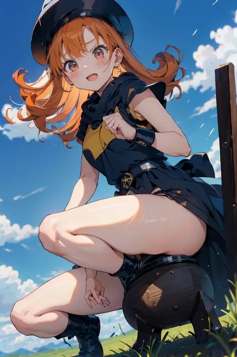 1 girl、High resolution、masterpiece、(Arena - DQ4、DQ4-Arena、Orange Hair)、smile、Squat with your legs together、Leaning forward、Big uscular、Thick thighs、、Outdoor、grassland、Grass grows、Navy blue hat、Cape、Yellow Mini Dress、boots、(((細かい装飾が施された性的なBlack panties)))、A...