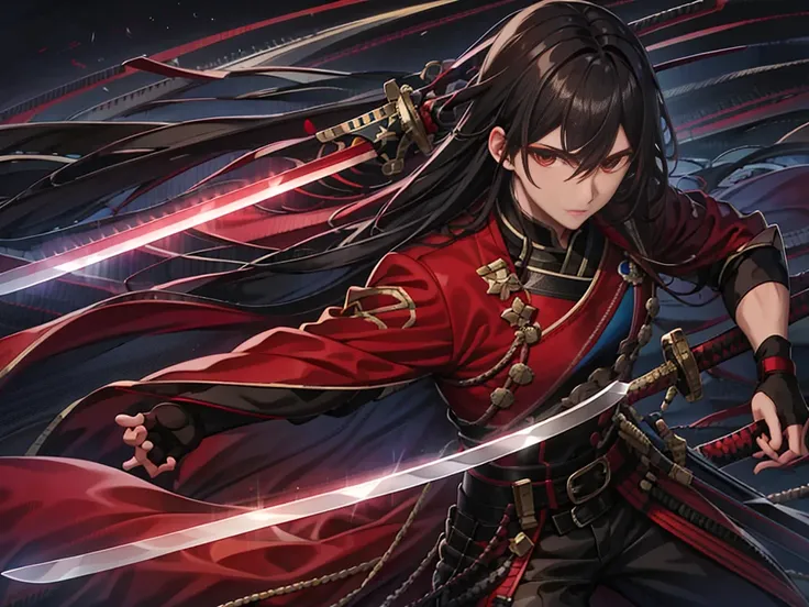 1 person, male character, red robe，Black Texture，belt，fingerless gloves，Black trousers，brown boots，Black Hair，whole body，Bright Light，bright colors，Sword in hand，Red Rapier，Long Sword，Black decorative line for clothes，Soft Light