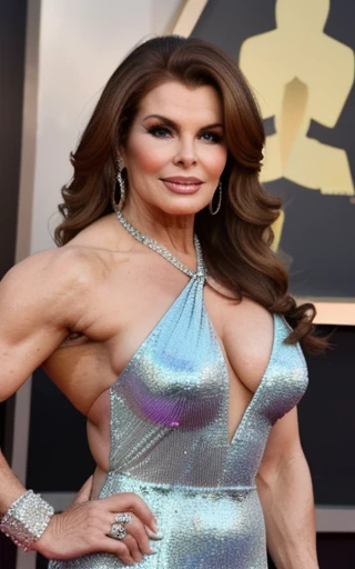  25 year old Raquel Welch,   A heavily muscled iffb pro female bodybuilder,  RAW, d41z13, perfect face, stunning eyes, stunning iridescent dress, at the oscars, crowded event, people in the background, 8k uhd, masterpiece