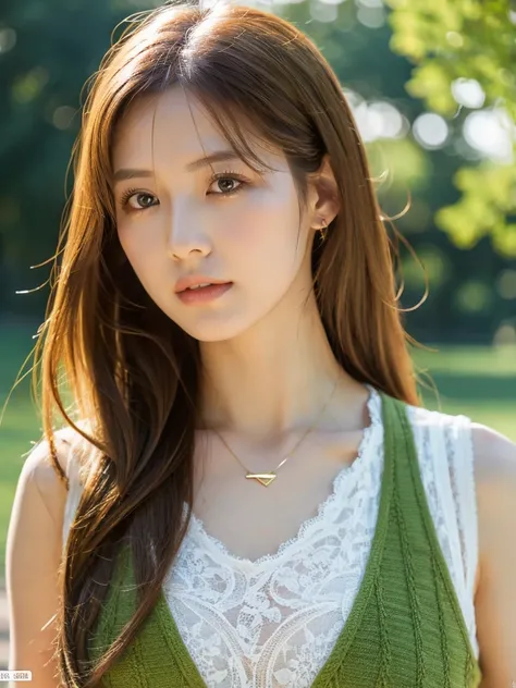 Realistic photos of Korean woman, White glass skin, Straight long hair, Red hair, Gold lace camisole vest， beautiful clear eyes，Green pupils， beautiful necklace and earringedium chest tight and Medium breasts， Delicate slender face，Lovely lips, thin makeup...