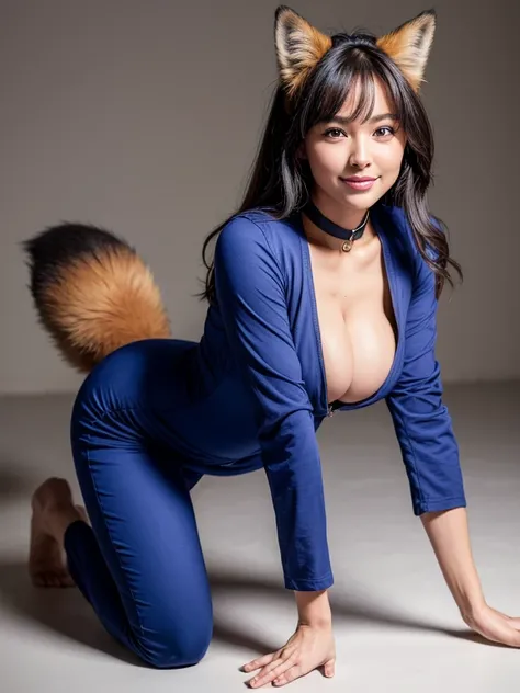 ((highest quality, 32k)), ((masterpiece)), (familiar), Perfect Face, Fox Girl, Beautiful woman, public, Has a tail, she has a fluffy tail, She has a red fox&#39;s tail., She wags her tail, smile, bell collar, She is wearing a pantsuit, Beautiful Hips, Big ...