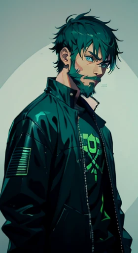 cyberpunk, anime, man, beard, short hair, black and cyan outfit, green futuristic black background, WOWEARN written in green on the shirt