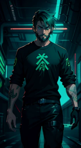 cyberpunk, anime, man, beard, short hair, black and cyan outfit, green futuristic black background, WOWEARN written in green on the shirt