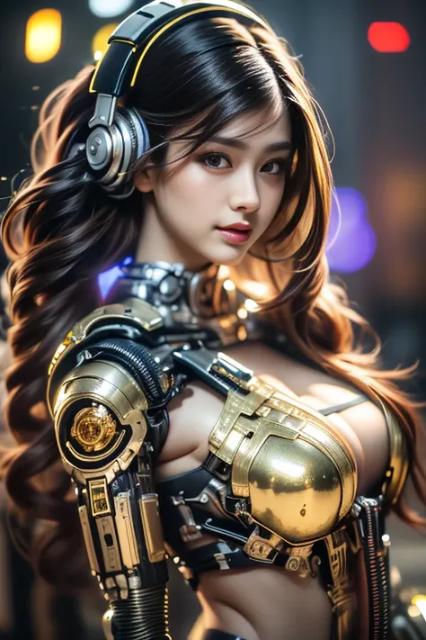 Virtual image,Realistic 8K images,hips up,Masterpiece,Complete Anatomy,Complete dynamic composition,morning sun,Light hits the front,young woman with long brown hair,staring at me.,A small but cute smile,The machine is connected to the machine...,Wear head...