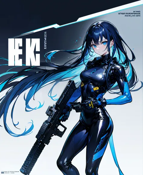 There is no background，girl，Carry a firearm，Patent leather tight suit，Use of firearms，Navy blue long hair，attention arousal，Blue colored eyes,No gradients