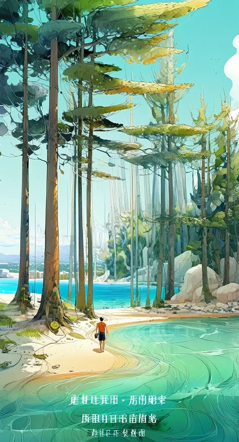 The sea is surrounded by green trees, Coastline with buildings and beautiful beaches, All in the style of Dmitry Vishnevsky. Artwork should stand out with emerald green hues, orange, and sea blue, Evoke tenderness, easy, Dreamy feels like a magazine editor...