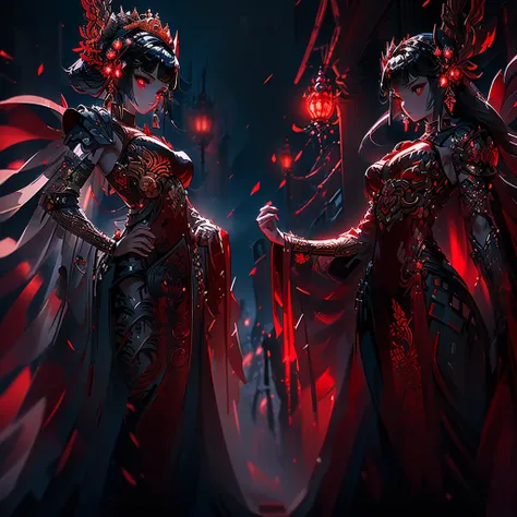 An anime princess, clad in a versatile attire that blurred the lines between regality and mischief, posed confidently with one hand on her hip. Her devilish counterpart, with disheed horns and piercing red eyes, loomed behind her, his pitch-black wings spr...