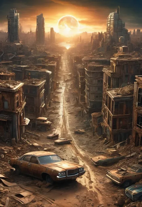 (best quality, high resolution, extremely sharp), magic, post-apocalyptic wasteland , city, car, people, on the curvature of pos...