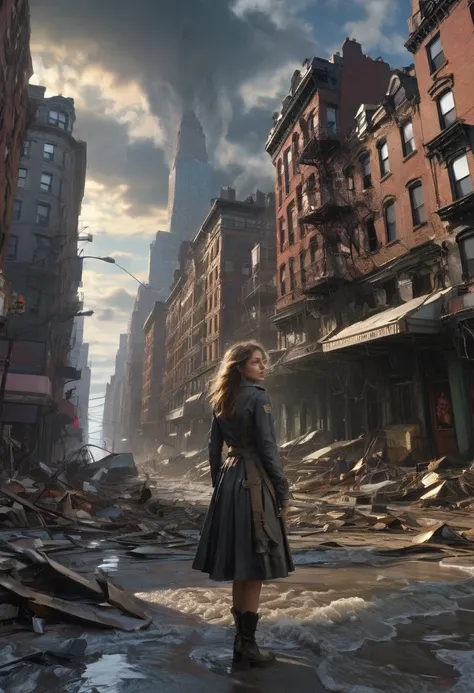 1girl, Post-Apocalyptic Wasteland, Apocalyptic destroyed Manhattan Island and New York, after a tidal wave, Epic cinematic brilliant stunning intricate meticulously detailed dramatic atmospheric maximalist digital matte painting, horror Gustave Doré Greg R...