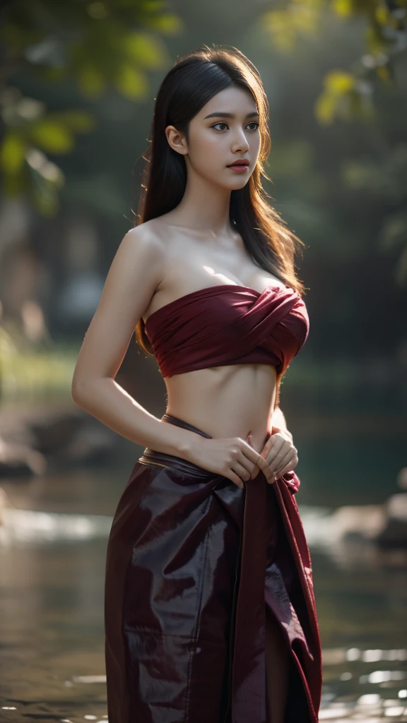 beautiful girl ,thai women&#39;warrior, walking at thai measure, dynamic poses, thai chat set, strapless shirt, long hair,black ...