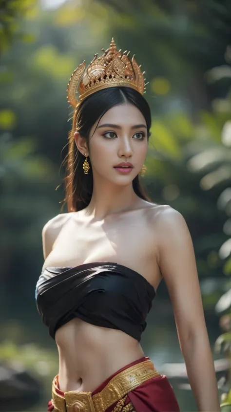 beautiful girl ,thai women&#39;warrior, walking at thai measure, dynamic poses, thai chat set, strapless shirt, long hair,black ...