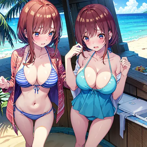 big Breasts、Blue swimsuit、Embarrassed face、blush、big 、Sandy Beach、Beach、bikini、Cleavage、beauty、Her breasts are exposed、Expose、乳首をExpose、brown hair、Clothes were taken off.、The girl is alone、My stomach feels tight、Showing off her chest、A chest that can&#39;t...