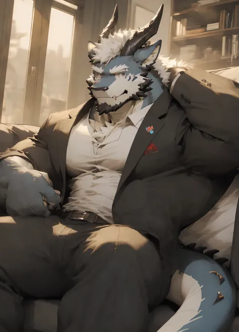 (masterpiece)，(Very detailed)，((Very detailed))，(best quality)，hairy，Wolf，Gray fur，White hair and dark red pupil muscles，(There is a pair of dragon horns on the head)，solid physique，Smirk，(Black suit (Open 1.2))，((Living room shooting))，sitting on the sofa...