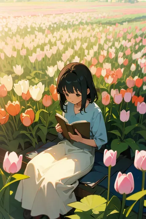 Studio Ghibli style animation of a girl calmly reading a book in the spring sunlight. Tulips move gently..