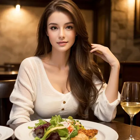 （best quality，High resolution，master piece, tall and beautiful woman，frontage，Long dark brown hair with loose waves, nice breasts, V-neck white shirt, dark alley, Beautifully rendered facial and skin texture details, charming eyes, double eyelid, Young lad...