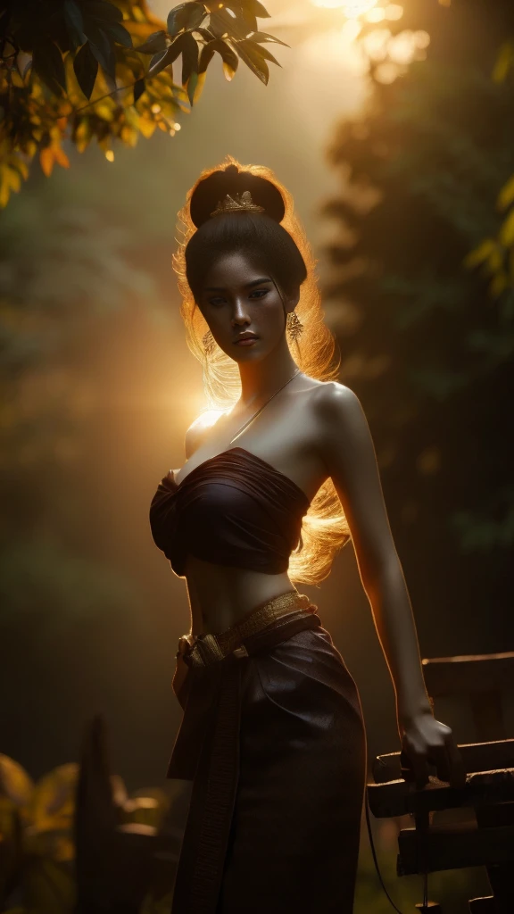 beautiful girl ,thai women&#39;warrior, walking at thai measure, dynamic poses, thai chat set, strapless shirt, long hair,black ...