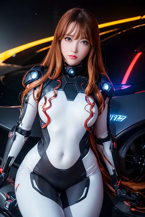 Asuka-Evangelion realista e intrincado rosto de beleza perfeita, detalhado & Glowing eyes of a perfect asymmetric clear galaxy, detalhado face, (((From face to waist))), (((forma de beleza))), ((in neon-lit realistic sci-fi plugsuit, metal mechanical parts...