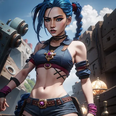 Jinx, estilo arcano, ((1girl)), asymmetrical bangs, franja azul, cabelo azul, pigtail, camisa marrom, tatuagem de nuvem, cabelo azul, jinx de cabelo longo, diafragma, olhos cor de rosa, gorgeous body, red-lips, wide hips, detailed abs, twin braids, Jinx de...