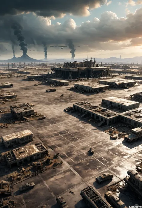 airport, Post apocalyptic scenario, Desolate atmosphere, Dystopian landscape, wasteland, (masterpiece, best quality, Professional, perfect composition, very aesthetic, absurdres, ultra-detailed, intricate details:1.3)