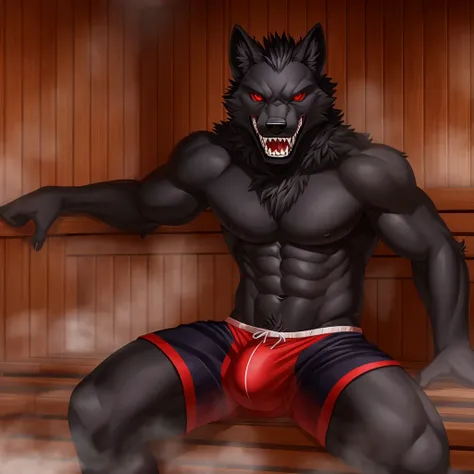 masterpiece, solo, furry black wolf, black fur, teen, tight swim trunks, red eyes, sharp teeth, shirtless, evil face, bulge, beautiful body, in the sauna