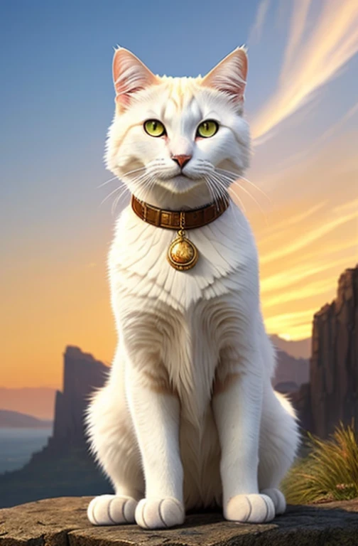 A majestic white warrior cat, with piercing amber eyes, proudly stands atop a craggy rock formation. In one powerful paw, its right hand clutches a tarnished, vintage gun, its trigger finger poised and ready. In its left hand, it hold a well-worn grenade, ...